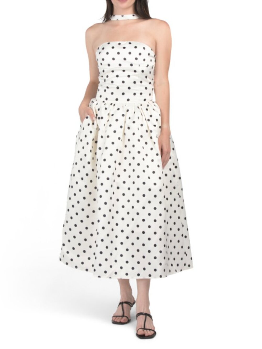 DALIA MACPHEE White/Black Strapless Polka Dot Drop Waist Gown